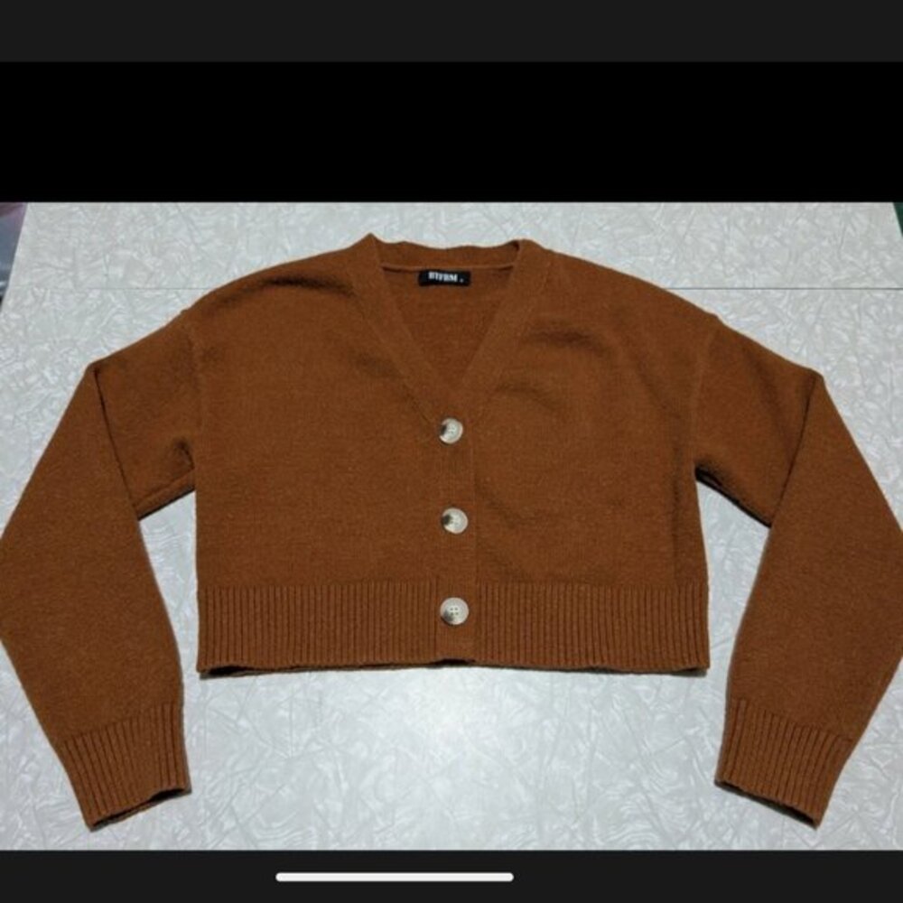 BTFBM Women's S Brown Button Crop Cardigan